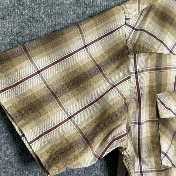 Western Plaid Shirt Mens Medium Tan Short Sleeve Pearl Snap Flap Pockets Cowboy - Picture 4 of 7